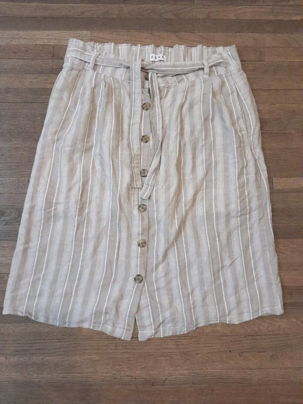 Womens Linen Blend Skirt Casual Beach Vacation Striped Tan White  Pockets Large - Picture 2 of 7